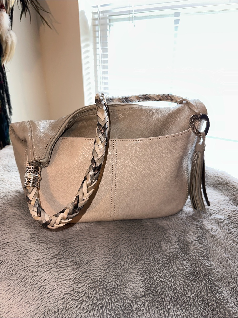 Brighton Beige Leather Barbados Bag with Braided Handle. Retired Style